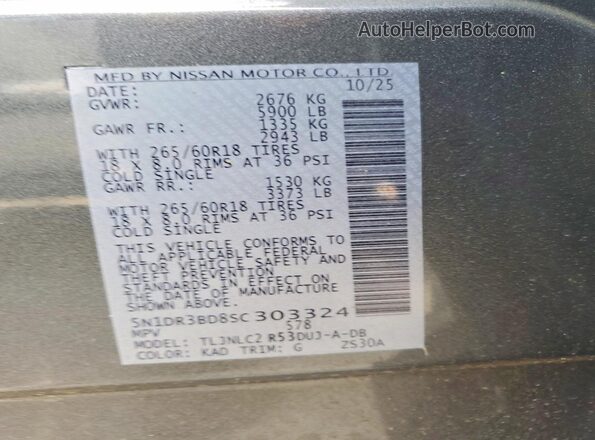 5N1DR3BD8SC303324 2025 NISSAN PATHFINDER Gray Widok naklejki z numerem VIN