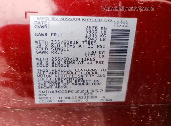 5N1DR3CC1PC221352 2023 NISSAN PATHFINDER Maroon Vista de la etiqueta del VIN