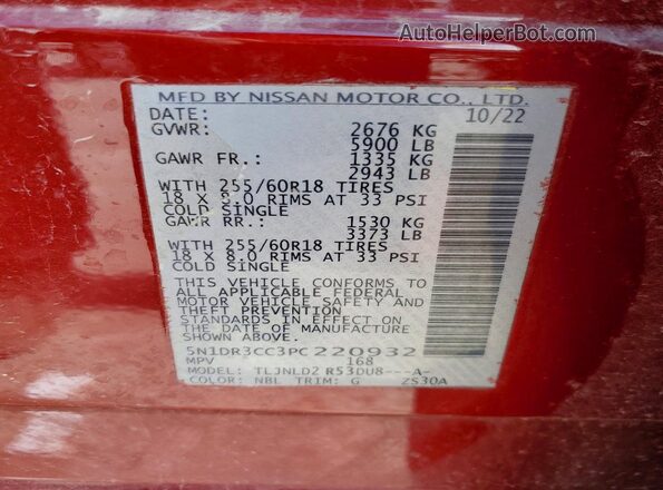 5N1DR3CC3PC220932 2023 NISSAN PATHFINDER Burgundy Вид наклейки з VIN-кодом