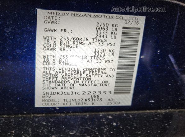 5N1DR3CE3TC222353 2026 NISSAN PATHFINDER Blue Vista de la etiqueta del VIN