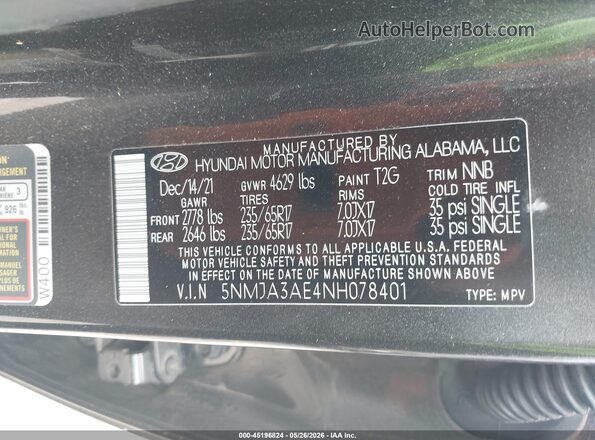 5NMJA3AE4NH078401 2022 HYUNDAI TUCSON Gray 