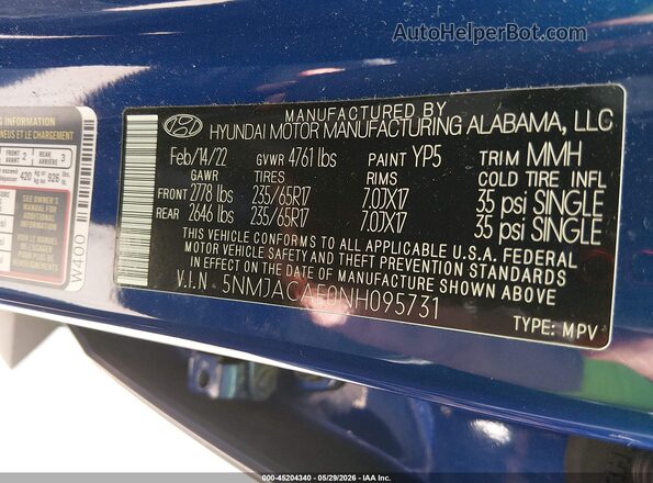 5NMJACAE0NH095731 2022 HYUNDAI TUCSON Blue 
