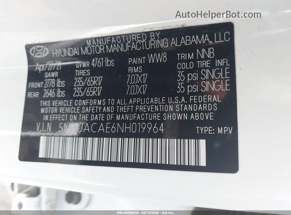 5NMJACAE6NH019964 2022 HYUNDAI TUCSON White 