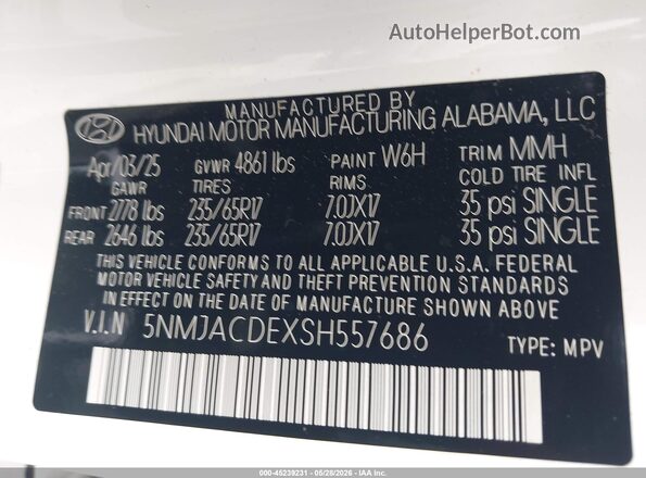 5NMJACDEXSH557686 2025 HYUNDAI TUCSON White Շարժիչի բաժամունքի տեսք