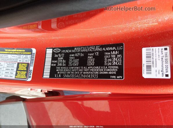 5NMJB3AE2NH143923 2022 HYUNDAI TUCSON Red Vista del compartimento del motor