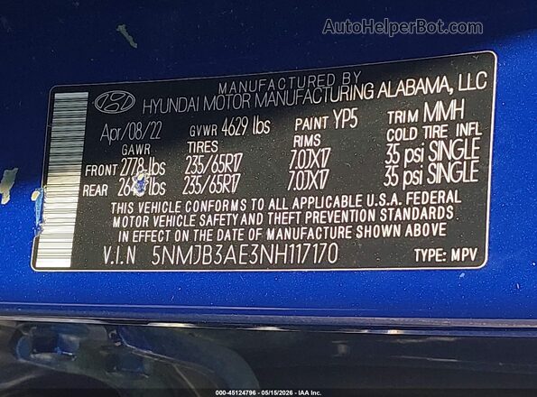 5NMJB3AE3NH117170 2022 HYUNDAI TUCSON Blue Vista del compartimento del motor