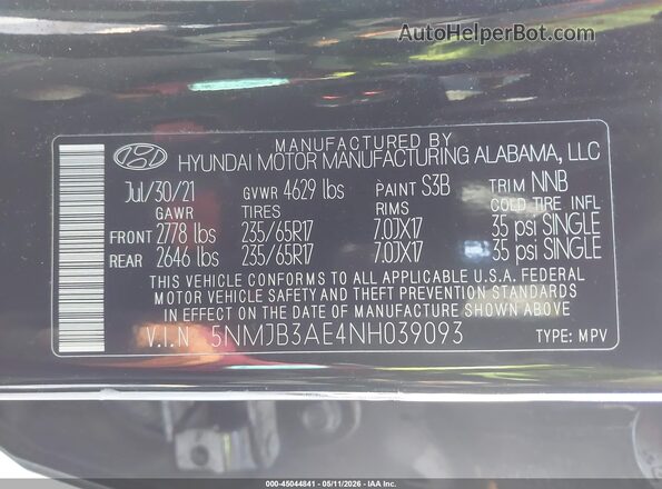 5NMJB3AE4NH039093 2022 HYUNDAI TUCSON Black Շարժիչի բաժամունքի տեսք