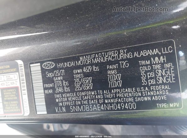 5NMJB3AE4NH049400 2022 HYUNDAI TUCSON Black Engine compartment view