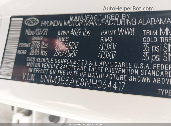 5NMJB3AE8NH064417 2022 HYUNDAI TUCSON White Вид підкапотного простору
