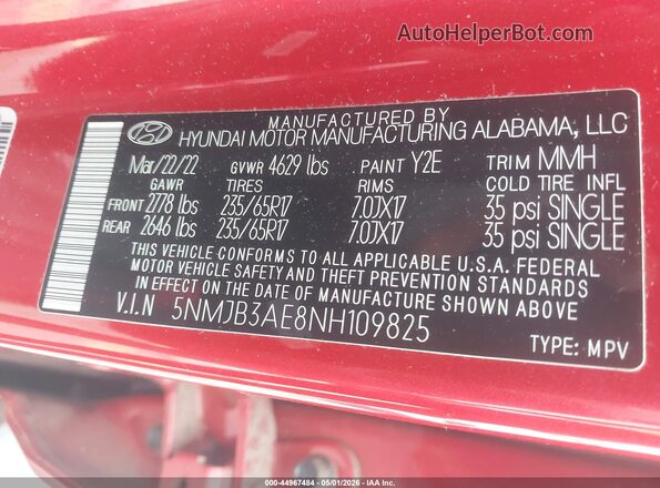 5NMJB3AE8NH109825 2022 HYUNDAI TUCSON Red Вид підкапотного простору