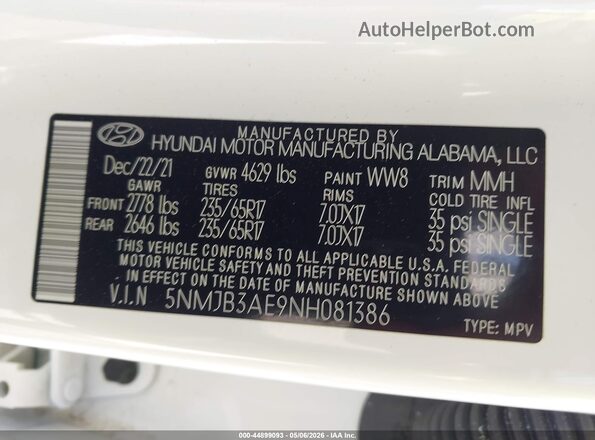 5NMJB3AE9NH081386 2022 HYUNDAI TUCSON White ძრავის განყოფილების ხედი