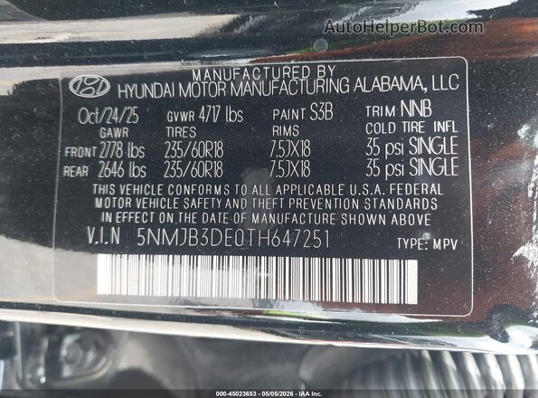 5NMJB3DE0TH647251 2026 HYUNDAI TUCSON Black Vista del compartimento del motor