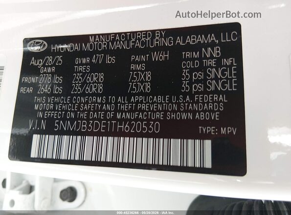 5NMJB3DE1TH620530 2026 HYUNDAI TUCSON White Vista del compartimento del motor