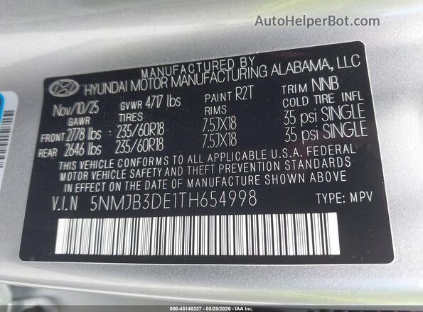 5NMJB3DE1TH654998 2026 HYUNDAI TUCSON Silver 