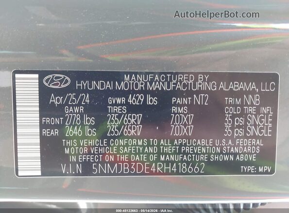 5NMJB3DE4RH418662 2024 HYUNDAI TUCSON Серый Вид подкапотного пространства