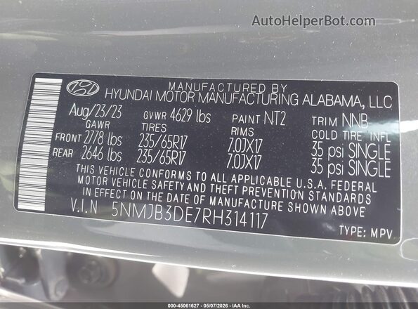 5NMJB3DE7RH314117 2024 HYUNDAI TUCSON Gray Շարժիչի բաժամունքի տեսք