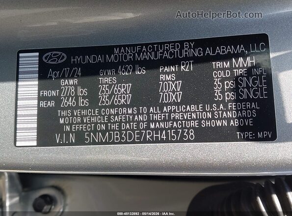 5NMJB3DE7RH415738 2024 HYUNDAI TUCSON Серебряный Вид подкапотного пространства