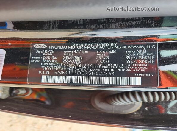 5NMJB3DE9SH522764 2025 HYUNDAI TUCSON Black VIN sticker view