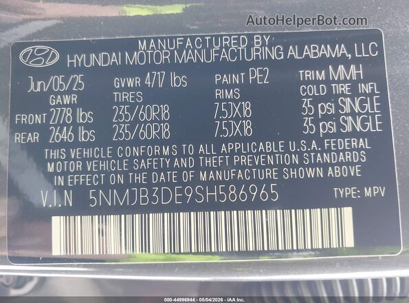 5NMJB3DE9SH586965 2025 HYUNDAI TUCSON Gray 