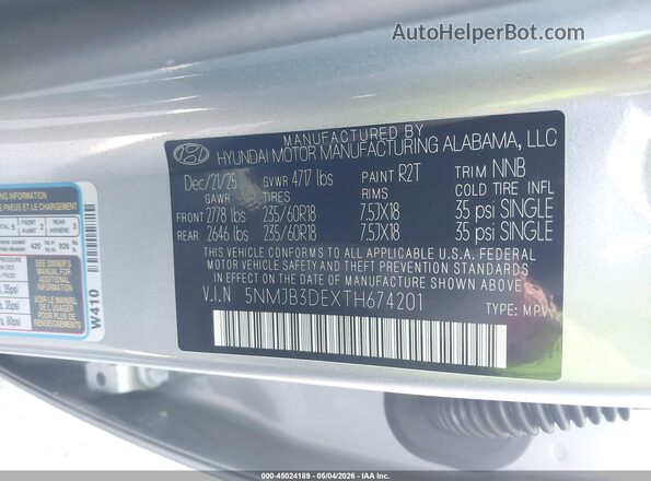5NMJB3DEXTH674201 2026 HYUNDAI TUCSON Silver ძრავის განყოფილების ხედი