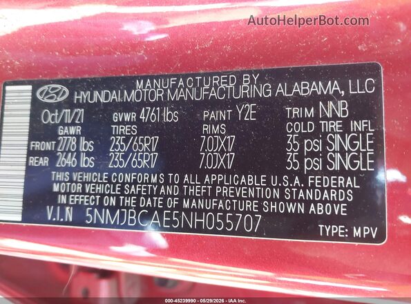 5NMJBCAE5NH055707 2022 HYUNDAI TUCSON Red 