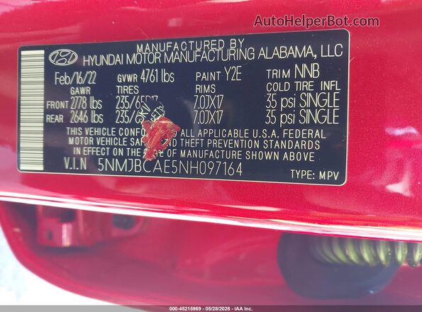 5NMJBCAE5NH097164 2022 HYUNDAI TUCSON Red 