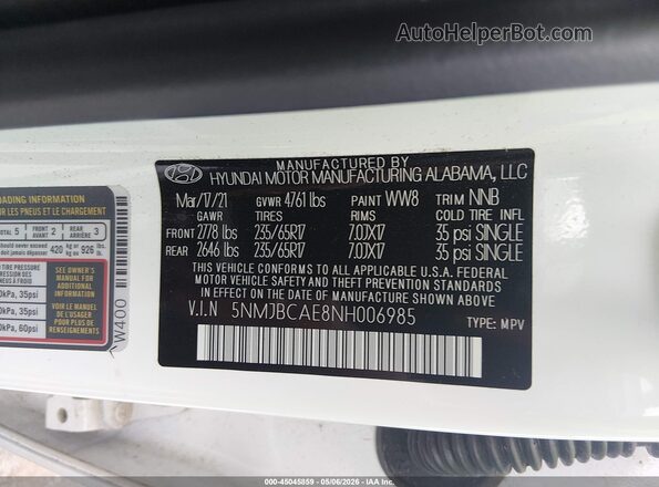5NMJBCAE8NH006985 2022 HYUNDAI TUCSON White Engine compartment view