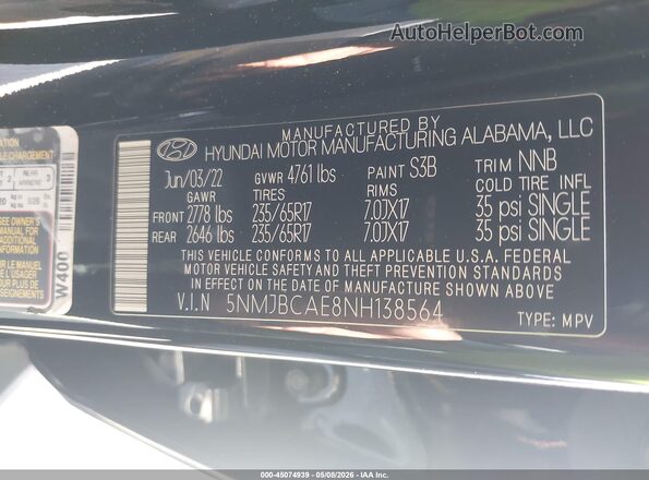 5NMJBCAE8NH138564 2022 HYUNDAI TUCSON Black 