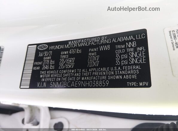 5NMJBCAE9NH038859 2022 HYUNDAI TUCSON White Engine compartment view