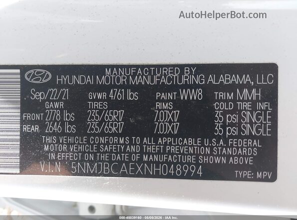 5NMJBCAEXNH048994 2022 HYUNDAI TUCSON White 