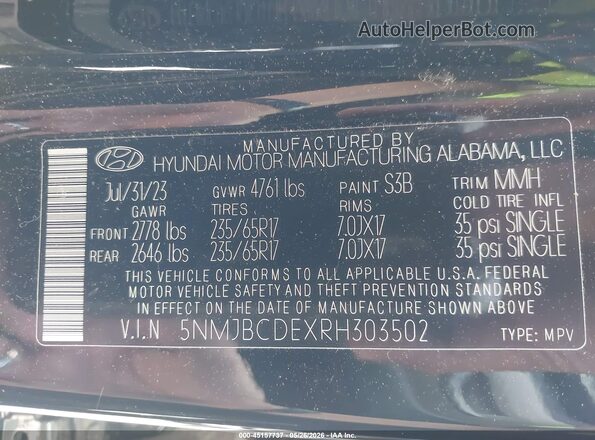 5NMJBCDEXRH303502 2024 HYUNDAI TUCSON Black ძრავის განყოფილების ხედი