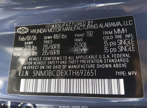 5NMJBCDEXTH692651 2026 HYUNDAI TUCSON Blue ძრავის განყოფილების ხედი