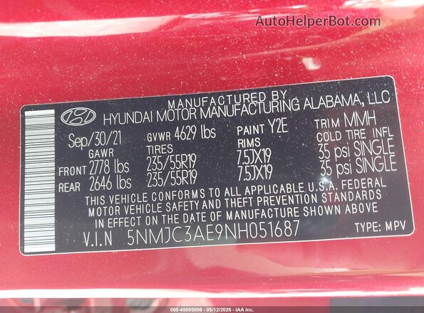5NMJC3AE9NH051687 2022 HYUNDAI TUCSON Красный 