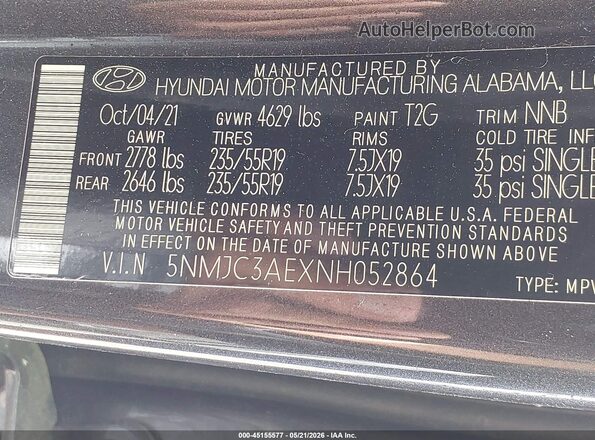 5NMJC3AEXNH052864 2022 HYUNDAI TUCSON Gray Engine compartment view