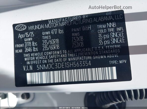 5NMJC3DE1SH563354 2025 HYUNDAI TUCSON White Շարժիչի բաժամունքի տեսք