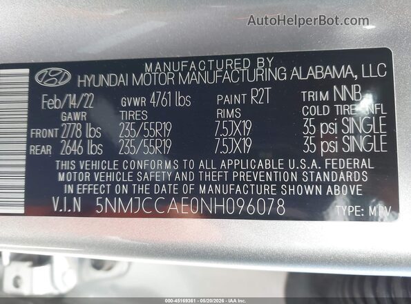 5NMJCCAE0NH096078 2022 HYUNDAI TUCSON Silver Engine compartment view
