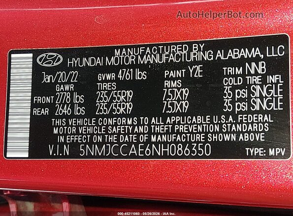 5NMJCCAE6NH086350 2022 HYUNDAI TUCSON Red Engine compartment view
