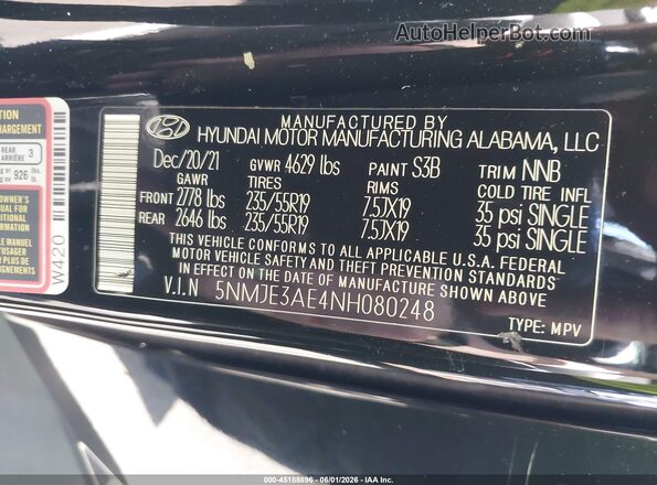 5NMJE3AE4NH080248 2022 HYUNDAI TUCSON Black 
