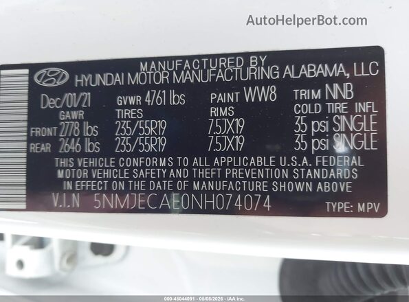 5NMJECAE0NH074074 2022 HYUNDAI TUCSON White Շարժիչի բաժամունքի տեսք