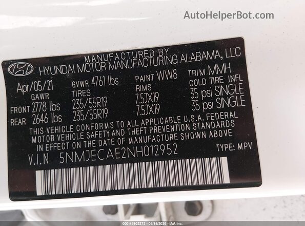 5NMJECAE2NH012952 2022 HYUNDAI TUCSON White ძრავის განყოფილების ხედი