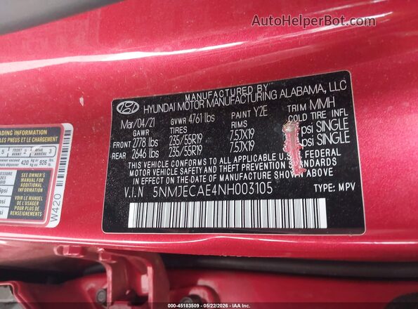 5NMJECAE4NH003105 2022 HYUNDAI TUCSON Red Engine compartment view