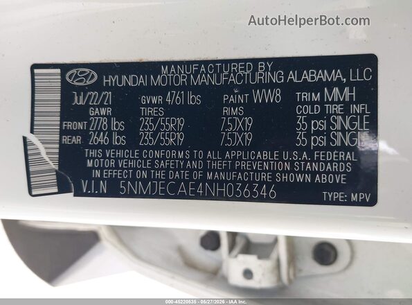 5NMJECAE4NH036346 2022 HYUNDAI TUCSON White 