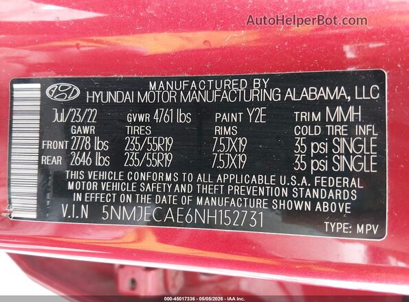 5NMJECAE6NH152731 2022 HYUNDAI TUCSON Red ძრავის განყოფილების ხედი
