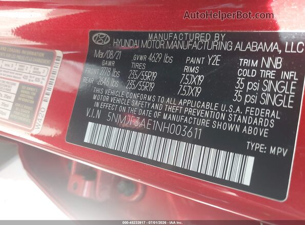 5NMJF3AE1NH003611 2022 HYUNDAI TUCSON Red Շարժիչի բաժամունքի տեսք