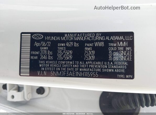 5NMJF3AE1NH115955 2022 HYUNDAI TUCSON White Շարժիչի բաժամունքի տեսք