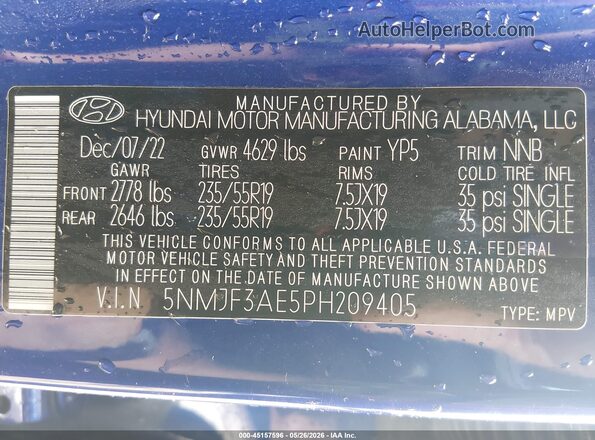 5NMJF3AE5PH209405 2023 HYUNDAI TUCSON Blue Շարժիչի բաժամունքի տեսք