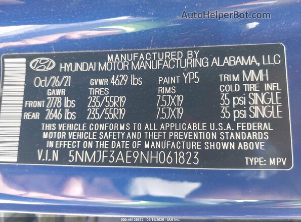 5NMJF3AE9NH061823 2022 HYUNDAI TUCSON Blue Engine compartment view