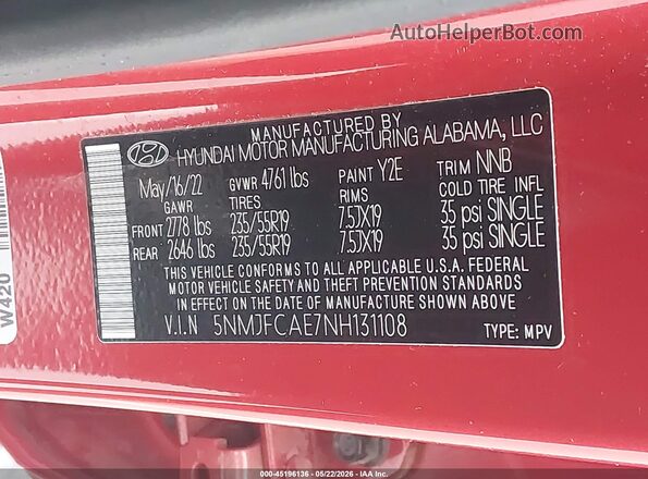 5NMJFCAE7NH131108 2022 HYUNDAI TUCSON Red Շարժիչի բաժամունքի տեսք