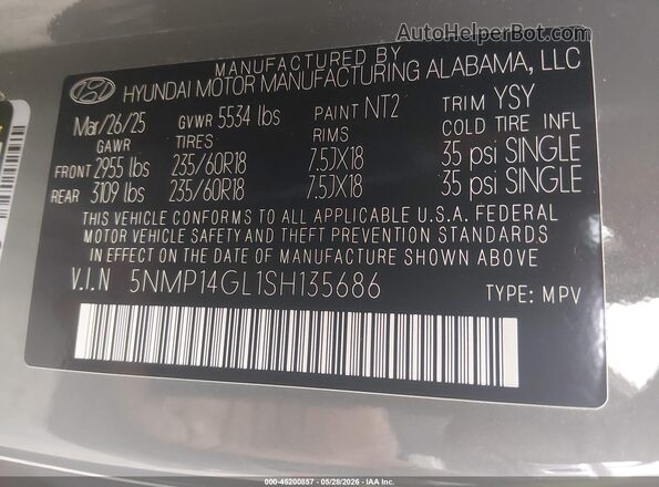 5NMP14GL1SH135686 2025 HYUNDAI SANTA FE Gray Շարժիչի բաժամունքի տեսք