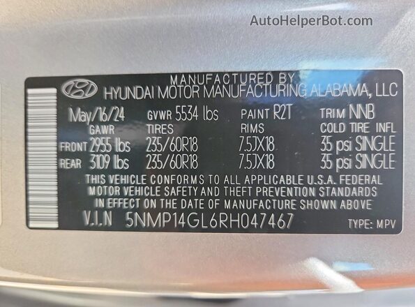 5NMP14GL6RH047467 2024 HYUNDAI SANTA Silver 